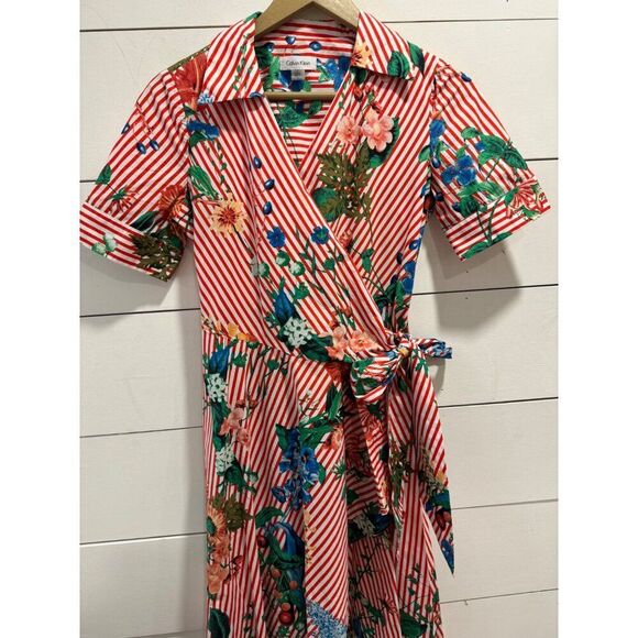 Calvin Klein Red Striped Floral High Low Dress - Picture 3 of 6